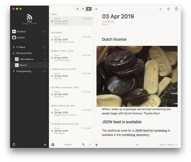 A screenshot of Reeder with the Plurrrr JSON feed open