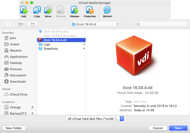 Adding a VDI file to the Virtual Media Manager