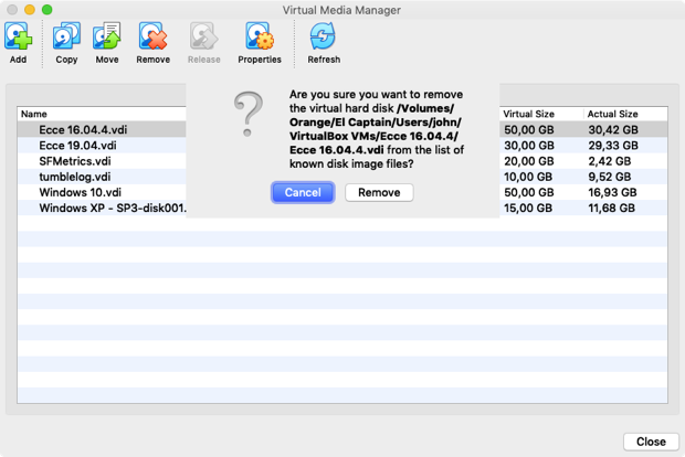 Removing the VDI file from the Virtual Media Manager