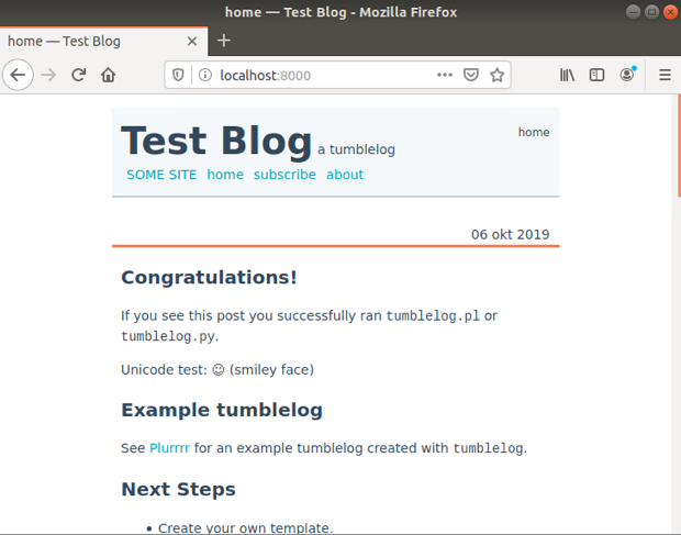 Test blog opened inside the Firefox browser