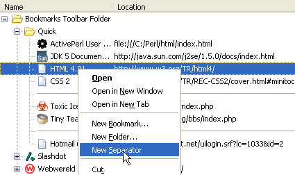 Adding a separator to the Quick bookmarks folder