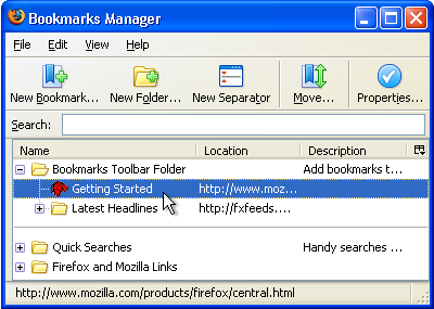 The Bookmarks Manager (tree view has been closed for clarity)