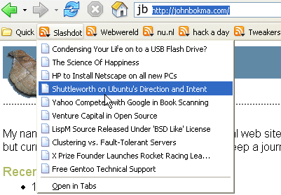 Live Bookmarks added to the Toolbar Folder