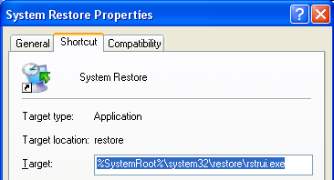 Part of the properties of the System Restore entry in the start menu