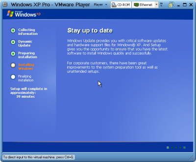 Installing Windows XP Pro in a virtual machine