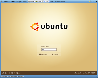 VMware Player showing the Ubuntu login screen