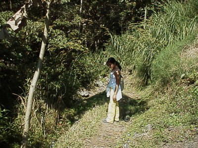 Esme on the road down to the Forgotten Bridge