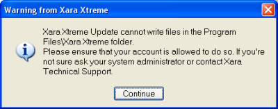 Xara Xtreme warning: Update cannot write files