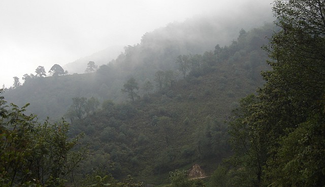 Clouds coming down and touching the hills.