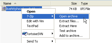 Opening the XPI archive with 7-zip.