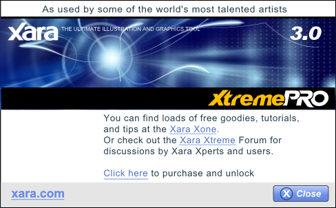 Xara Xtreme Pro additional splash screen after the LUA bug got triggered.