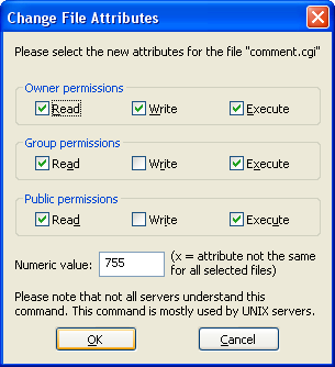 FileZilla: chmod 755 via the Change File Attributes dialogue window.