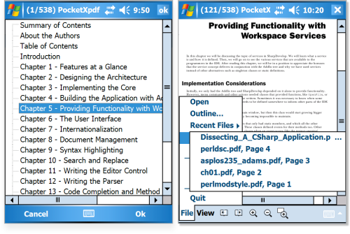 A document outline (left), and bookmarks (right), PocketXpdf on a Dell Axim X51v).