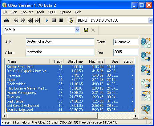 CDex overview of audio tracks after a remote CDDB lookup.