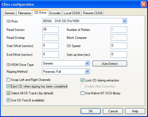 CDex CD drive configuration tab.