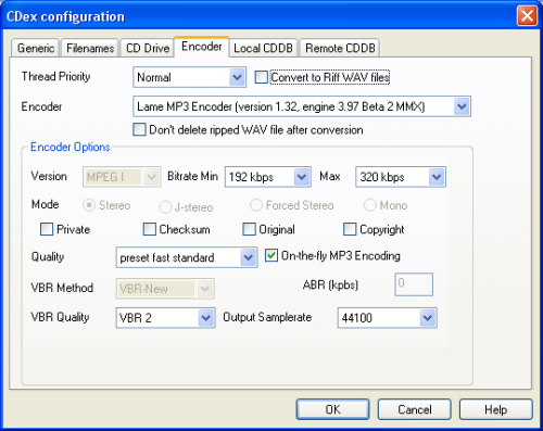 CDex encoder configuration tab.