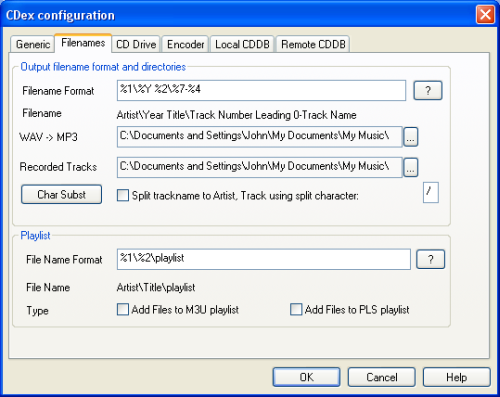 CDex filenames configuration tab.