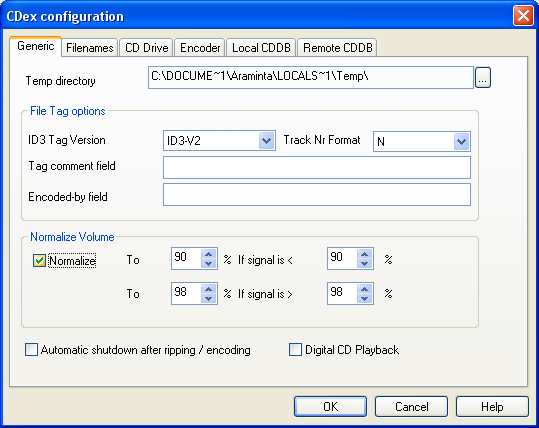 CDex Generic configuration tab.