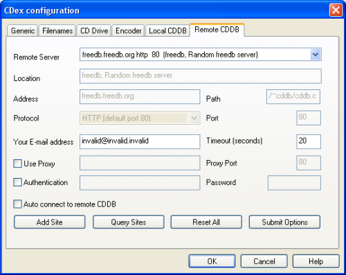 CDex Remote CDDB configuration tab.