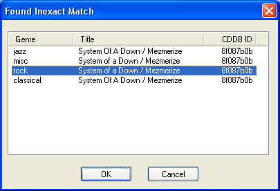 CDDB returned several results to CDex.