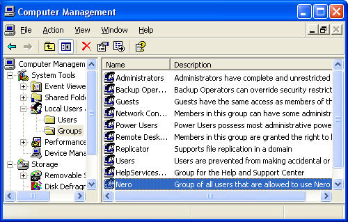 Group Nero in Computer Management.
