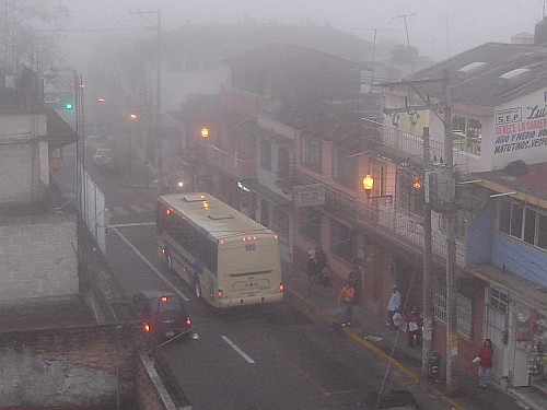 Calle Hidalgo in the fog, as seen from our roof.