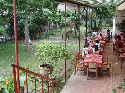 Part of the vegetarian restaurant taken from the entry.