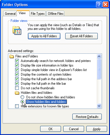 Turning on "Show hidden files and folders"