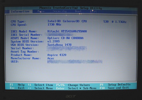 Information screen of the BIOS setup utility.