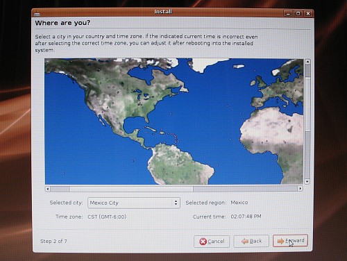 Ubuntu Install: selecting a city in your country and time zone.
