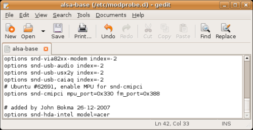 Extending the alsa-base file using gedit.