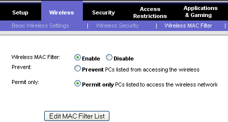 Linksys wireless MAC filter.