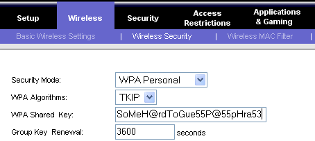 Linksys wireless security settings.