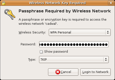Passphrase required by wireless network.