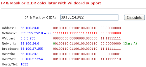 CIDR calculator output for 38.100.24.0/22.