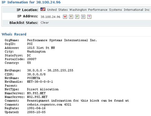 Partial output of Whois tool for 38.100.24.96.