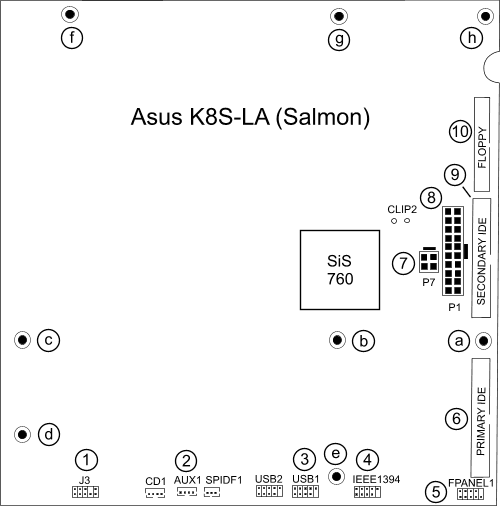 Asus K8S LA (Salmon), location of connectors and screws.