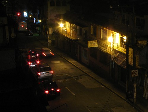 Calle Hidalgo by night in the fog.