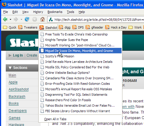 Firefox's Live Bookmarks showing headlines in a drop down menu.