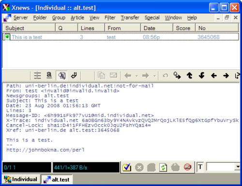 XNews showing the test message I posted in alt.test using Net::NNTP.