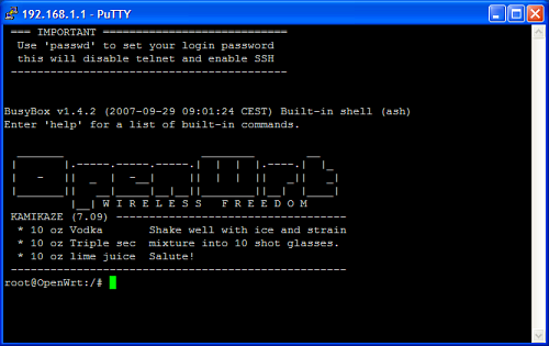 PuTTY as a telnet client connected to Kamikaze 7.09 running on a Linksys WRT54GL.
