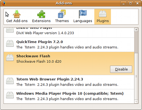 Firefox Add-ons window with the plugins tab showing Shockwave Flash 10.