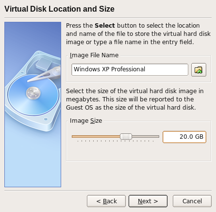 Selecting the virtual disk location and size.
