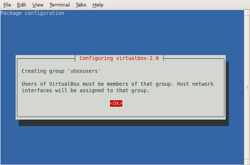 VirtualBox package configuration creating group 'vboxusers'.