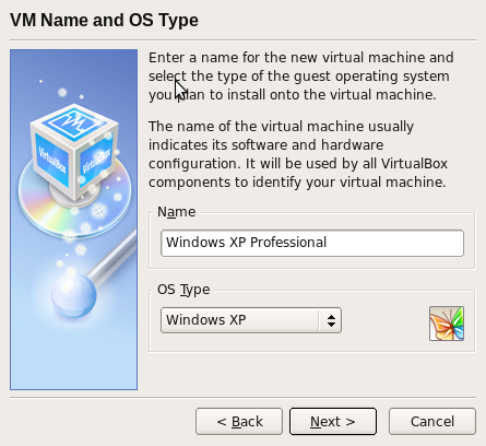 Entering the name of the virtual machine and OS type of the guest operating system.