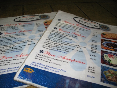 Menu card of La Poblano, Puebla city.