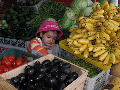 Alice playing with pea pods in a shop in Coatepec.