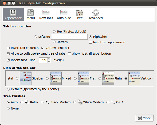 My Tree Style Tab Appearance settings.