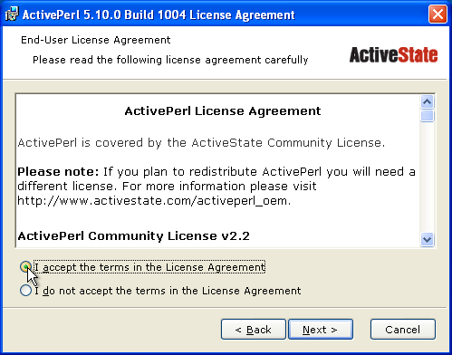 Accepting the ActivePerl community license - installation step 2.