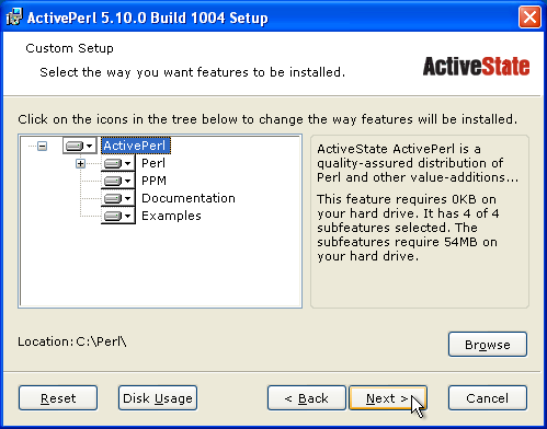 Selecting ActivePerl features and installation location - installation step 3.